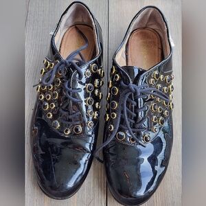 Aliza Bass Rachel Antonoff Black Patent Leather Shoes W Gold Eyelets Studded 9